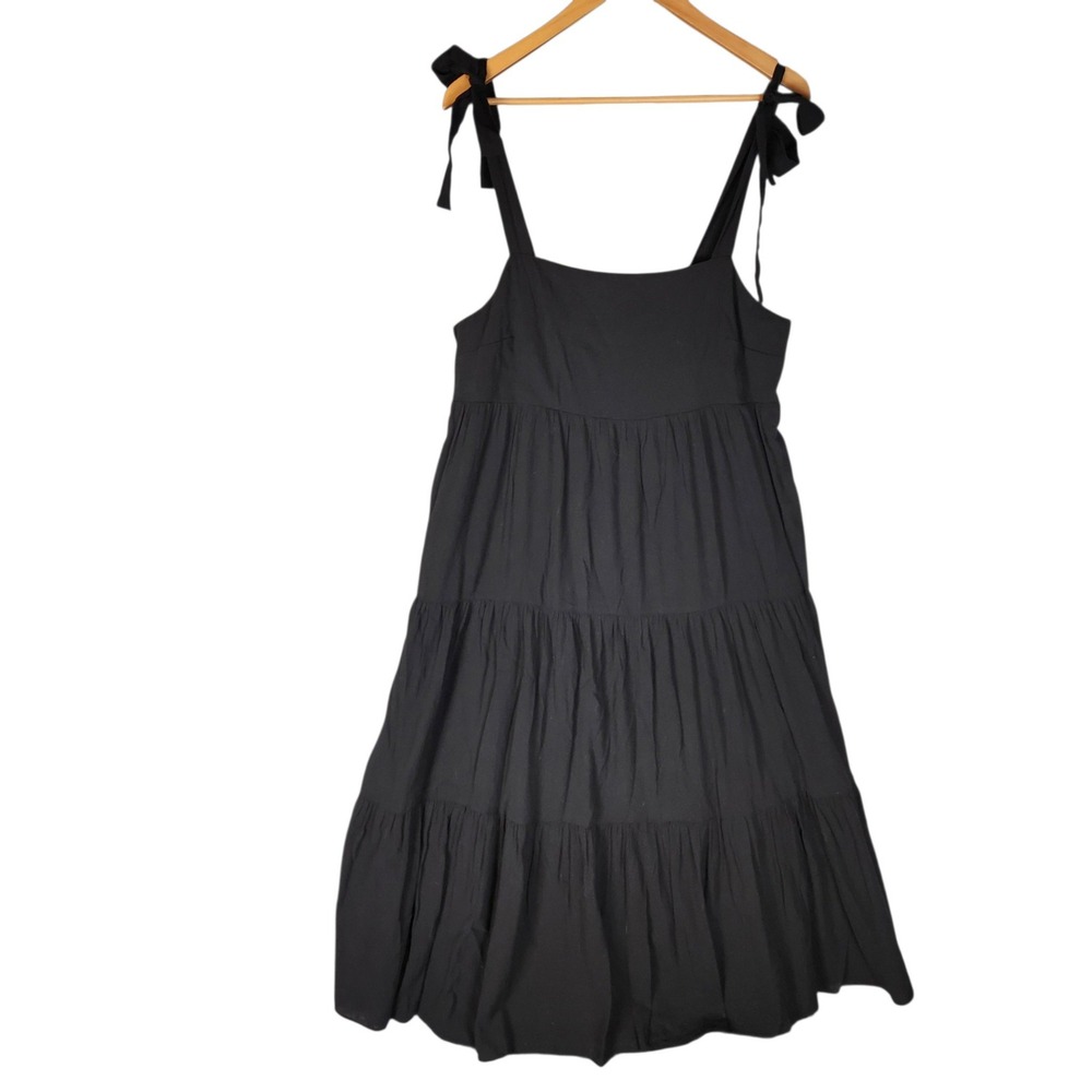 Madewell Midi Dress Large Black Tie Shoulder Tiered Smocked  Cotton NWT
